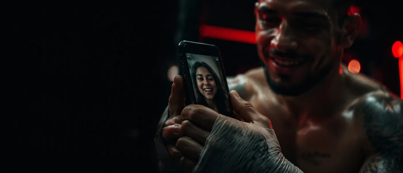 A fighter with wrapped hands smiles at a video call on his phone.