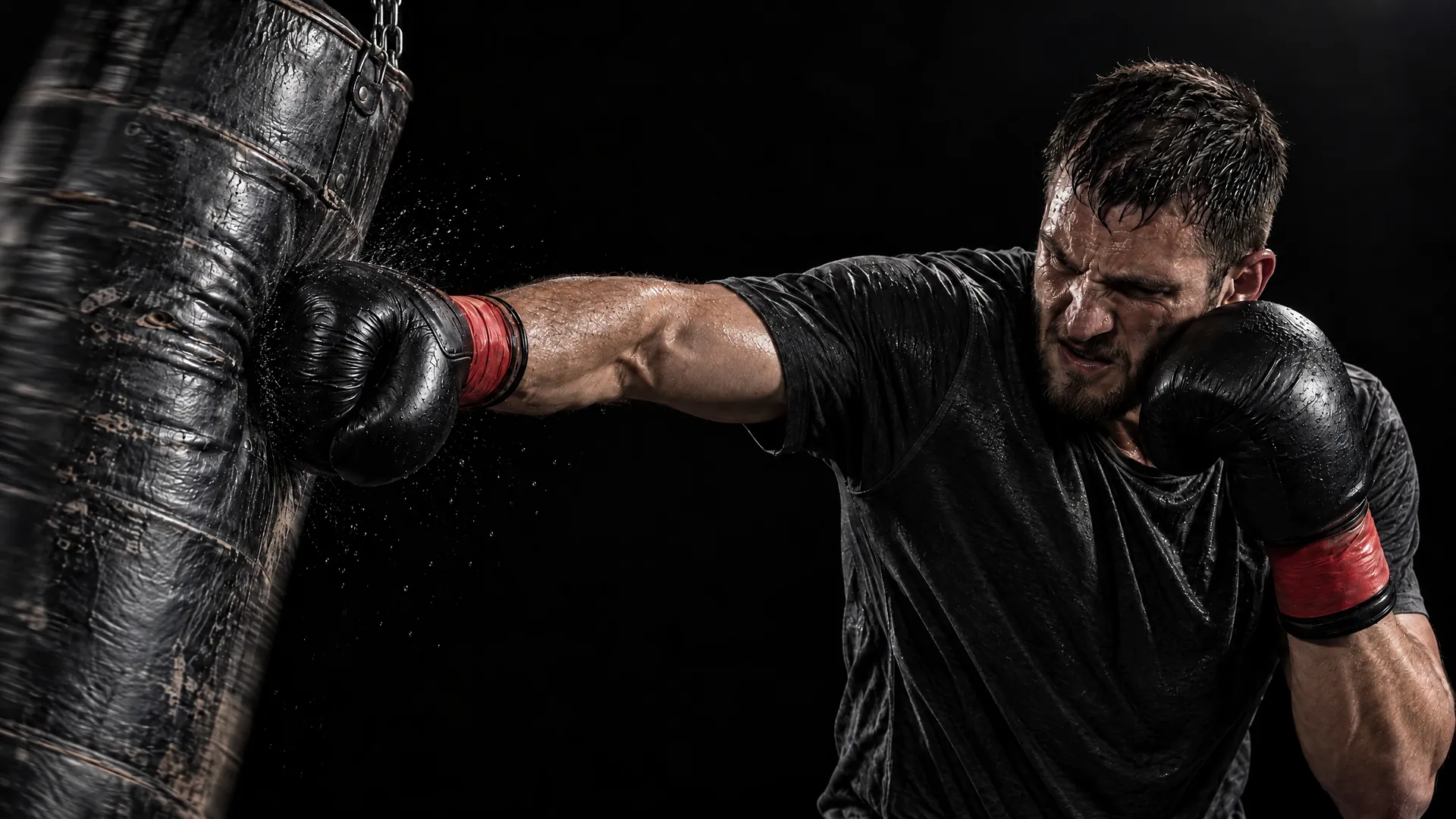 A boxer in red hand wraps lands a hook on a heavy bag, sweat spraying off the glove.