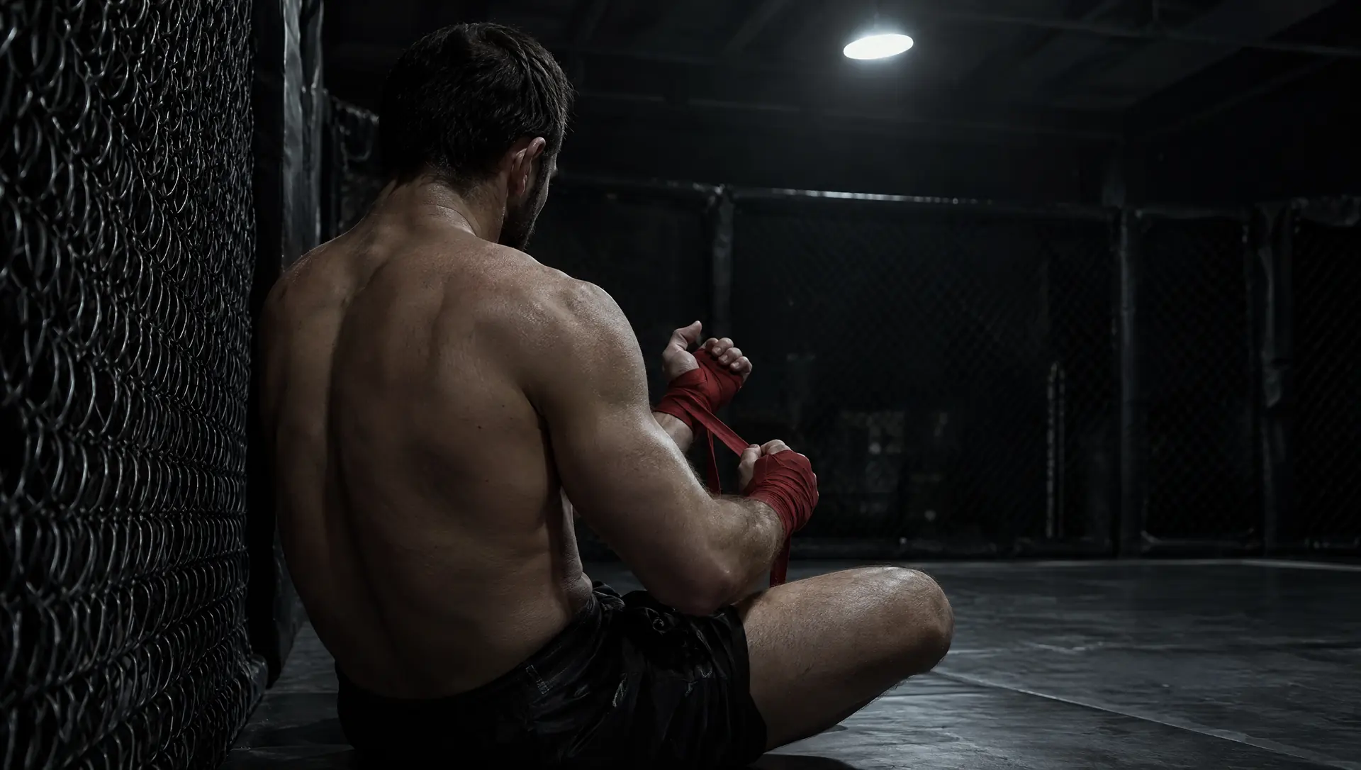 A fighter sits against the cage fence, wrapping their hands in red hand wraps.