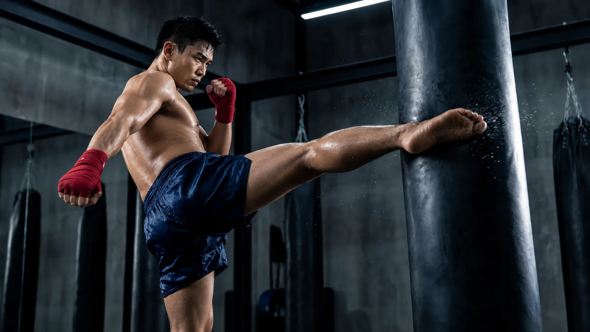 A Muay Thai fighter in red hand wraps lands a roundhouse kick on a heavy bag in a concrete gym.