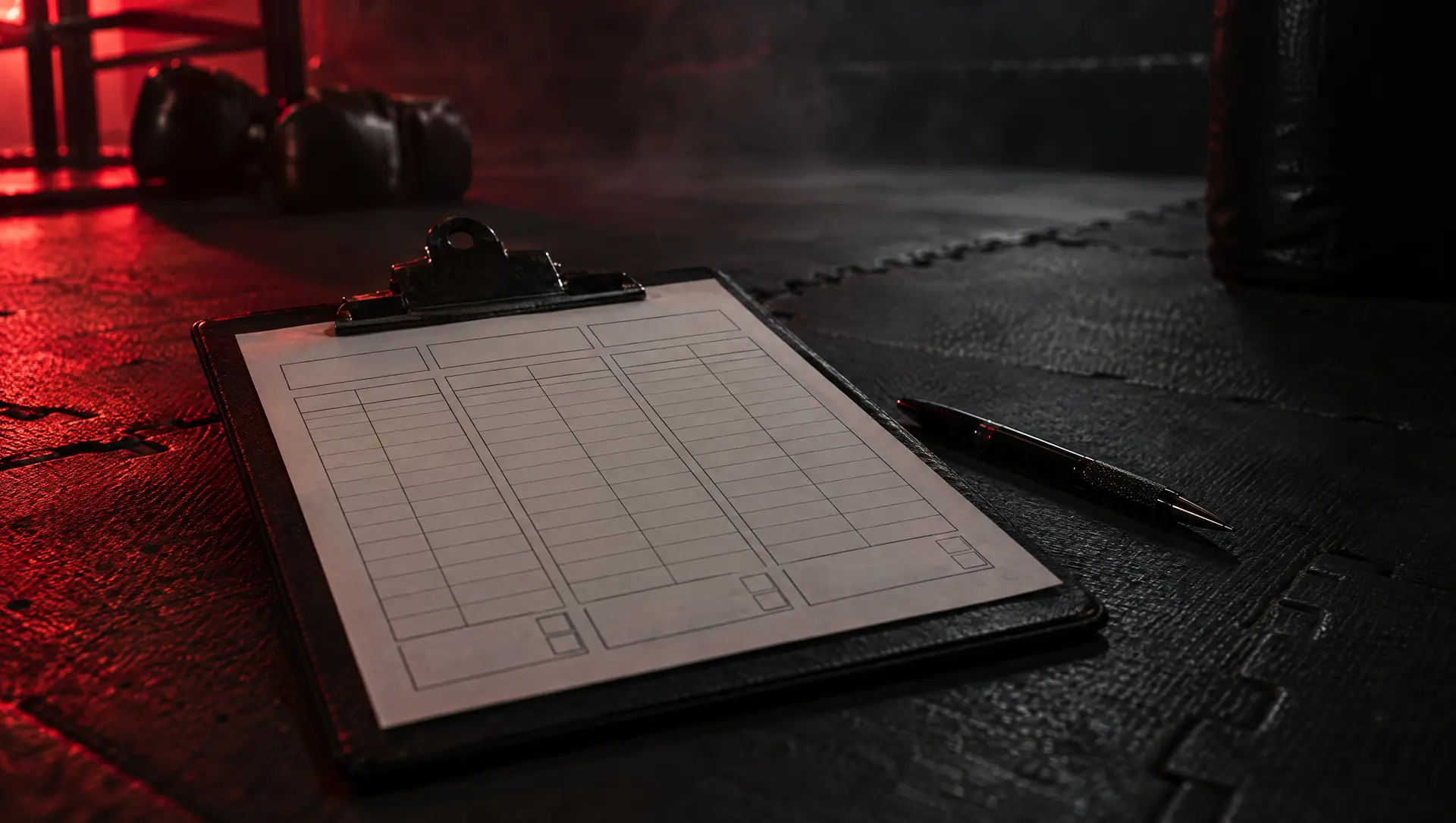 A blank fight judge's scorecard and pen on dark gym mats.