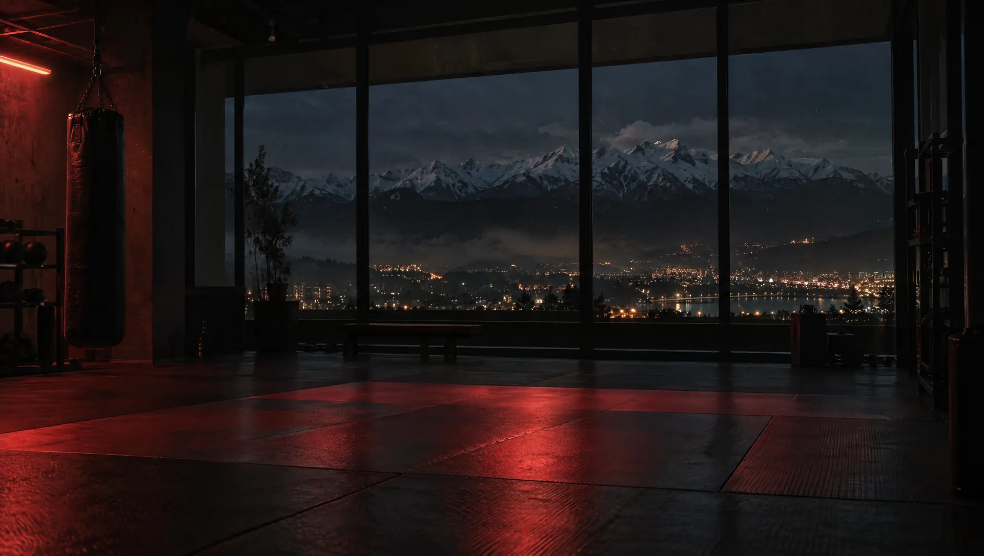 A dark gym with mats, looking out through tall windows at snow-capped mountains and city lights.