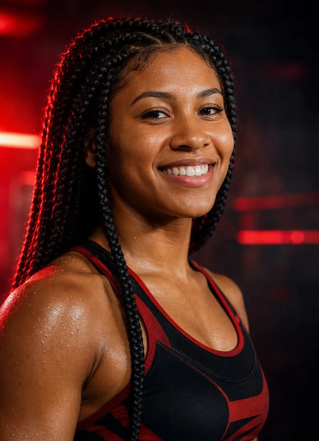 A smiling fighter in a black and red sports top, lit in red.